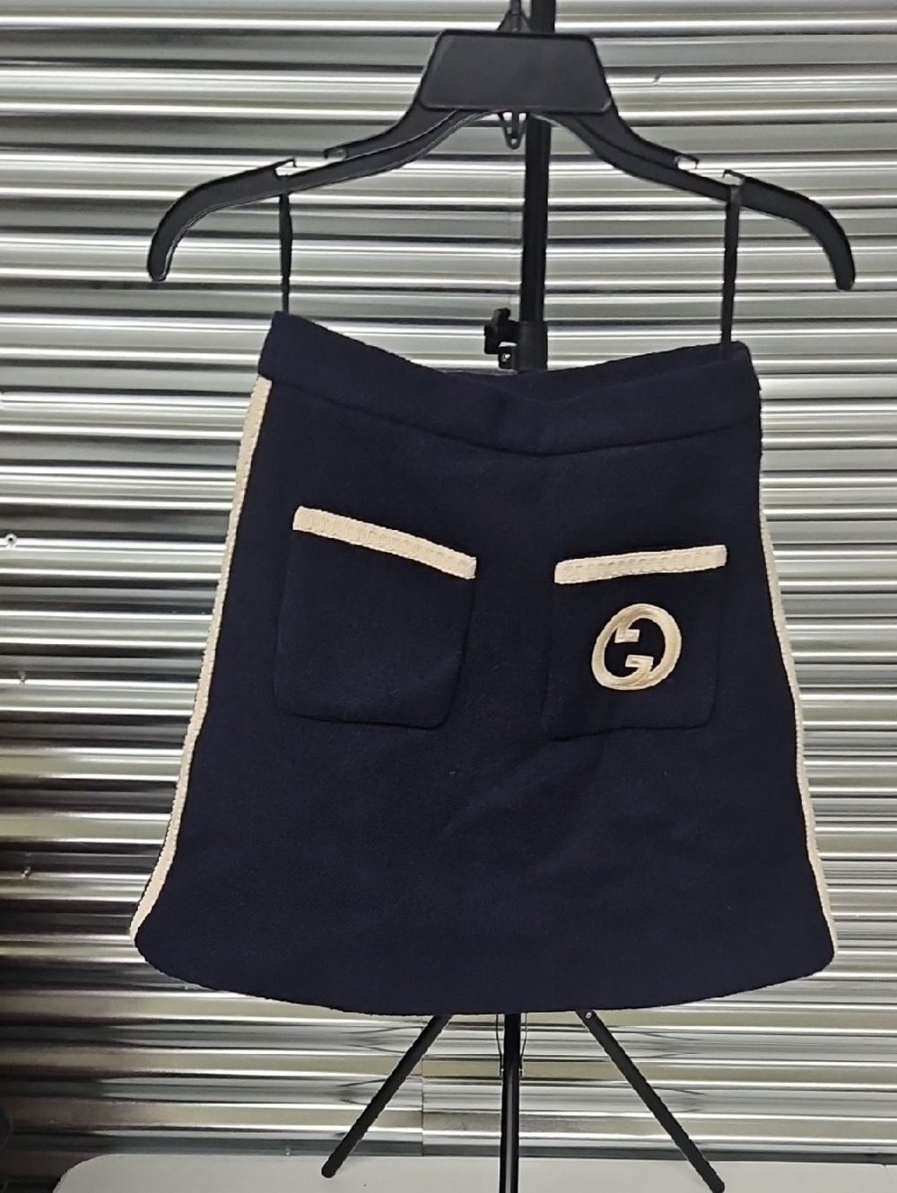 Gucci Navy A-Line Wool Skirt with Cream Trim and GG Accent